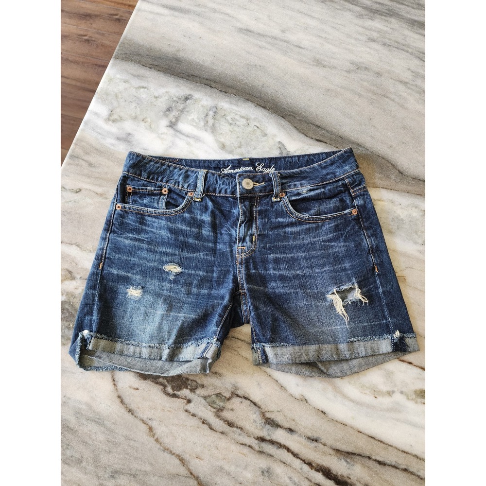 American Eagle Women Distressed Denim Midi Shorts Dark Wash Size 0 Low Rise